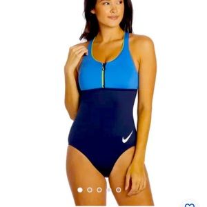 Nike color block one piece swimsuit zip accent XL New